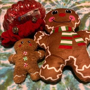Gingerbread Plush Dog Toys - Brown with Red & Green Accents holiday set